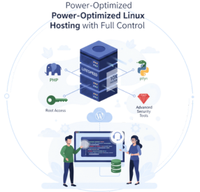 Illustration of Power-Optimized Linux Hosting with Litespeed, Root Access key, and symbols for PHP, Python, and Ruby support, targeting developers.