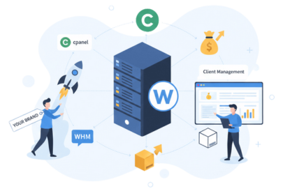 Illustration of Reseller Hosting platform featuring a central server, cPanel, WHM, and symbols for client management, branding, and profit maximization.