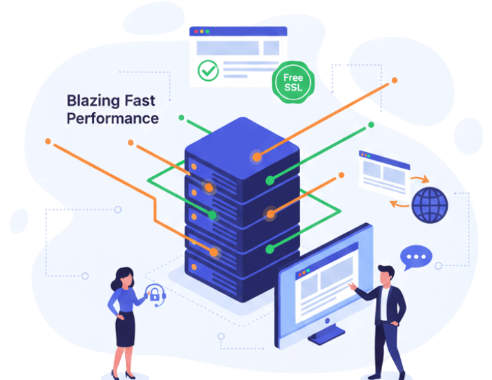 Illustration showing shared hosting features: high-speed performance, 24/7 support, and instant site launch with a free SSL certificate.
