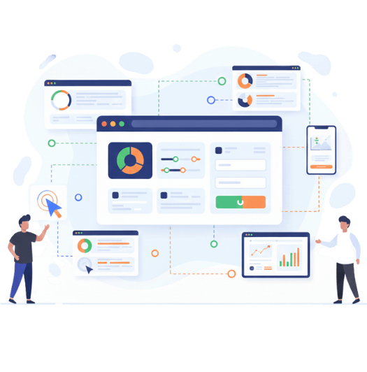 Diagram showing complex, high-speed data flow and interactive dashboards, symbolizing optimized performance and system responsiveness.