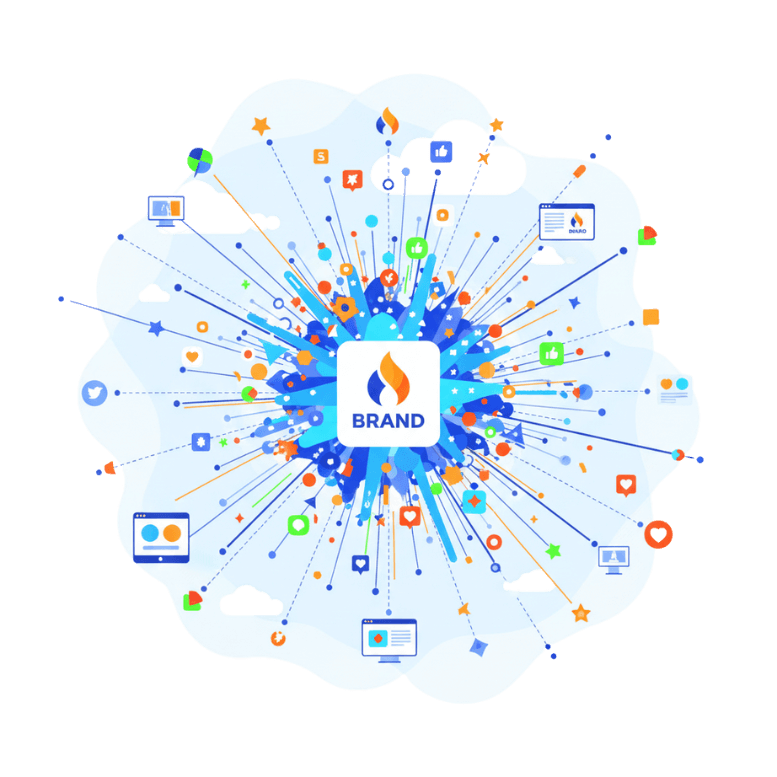 Illustration of a central brand igniting a viral explosion of social media icons and digital content, symbolizing rapid online growth and visibility.